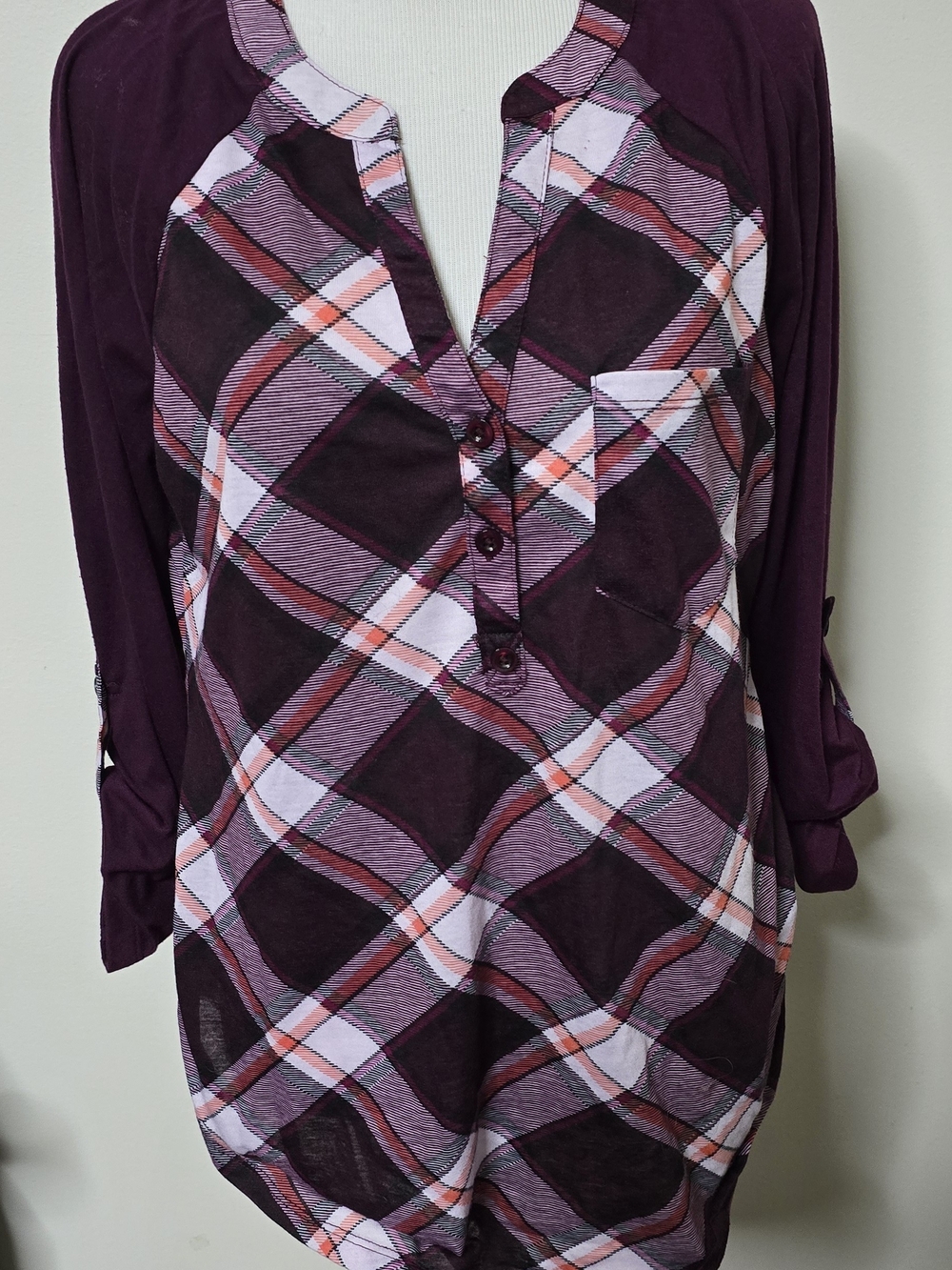 Plaid Henley Tunic Top in Plum